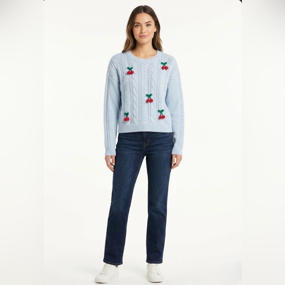 Calligraphie Light Blue Cable Knit Cherry Sweater - Large NWT
